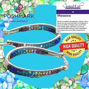 Casual Cat Silver Hoop Earrings with Multicolor Crystals